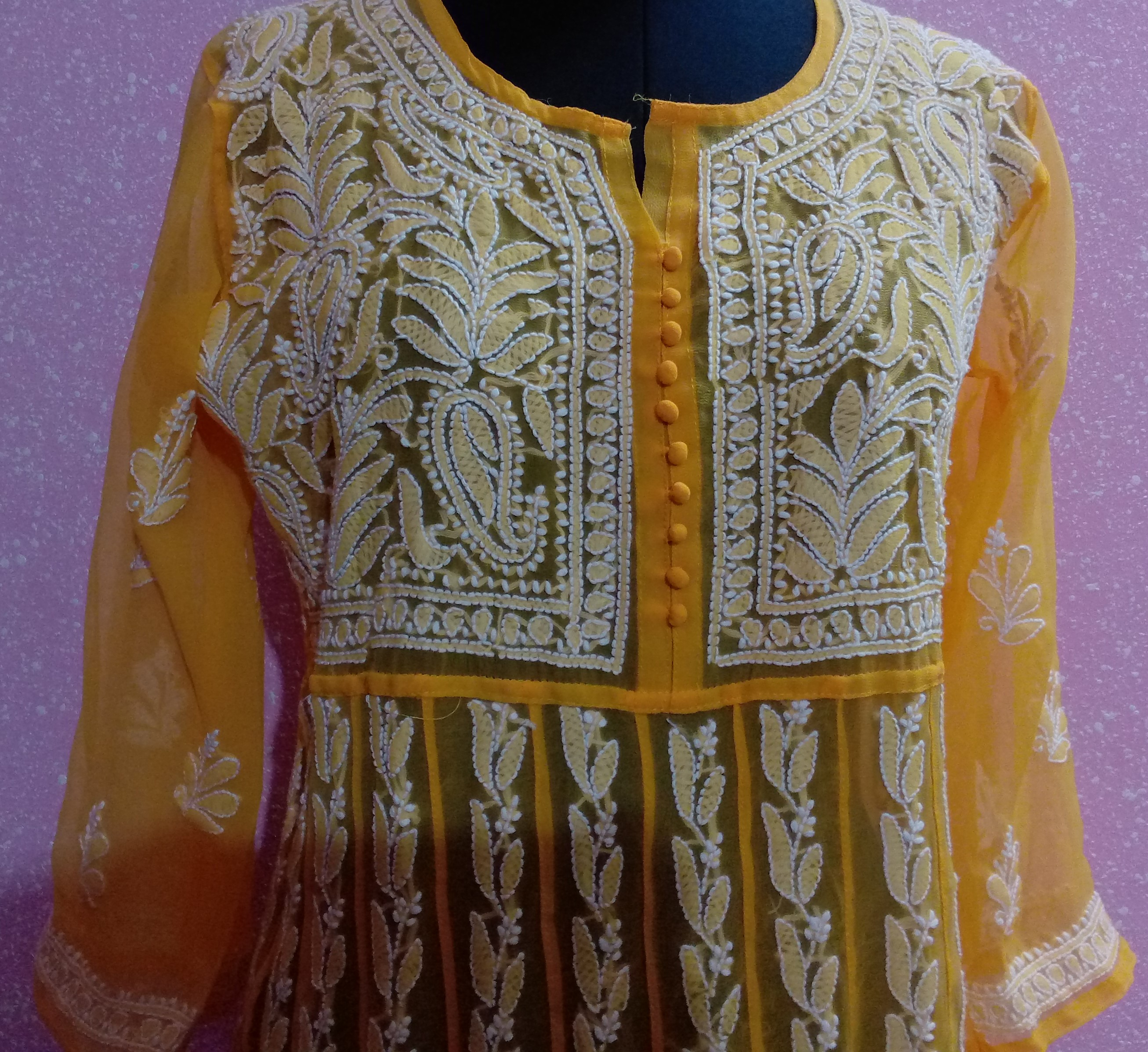   Goodwill prime Hand Embroidered Lucknow YELLOW GEORGETTE   Lucknowi Chikan Anarkali    Kurta - image 2